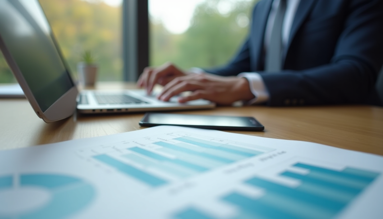 Close-up view of a business meeting with a laptop and charts on the table