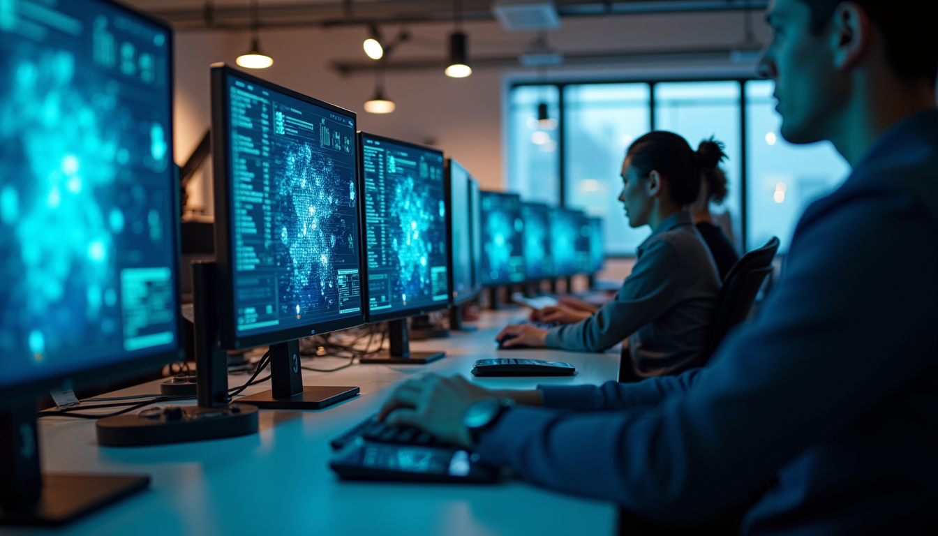 Eye-level view of a modern office workspace with multiple computer screens displaying cybersecurity data