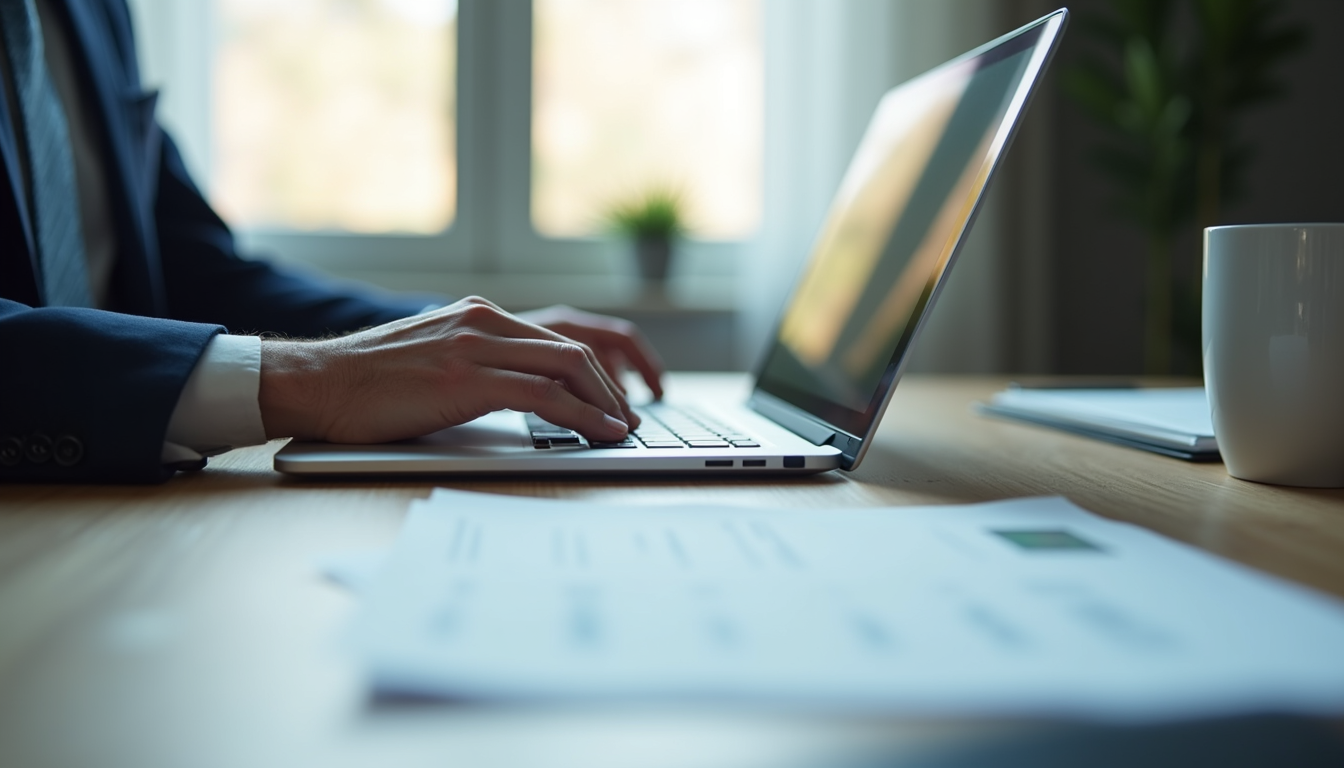 Eye-level view of a business meeting with a laptop and documents on the table