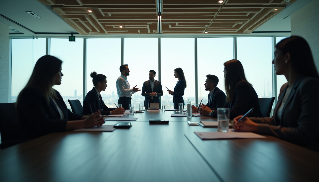 Eye-level view of a modern office meeting room with business professionals discussing strategy