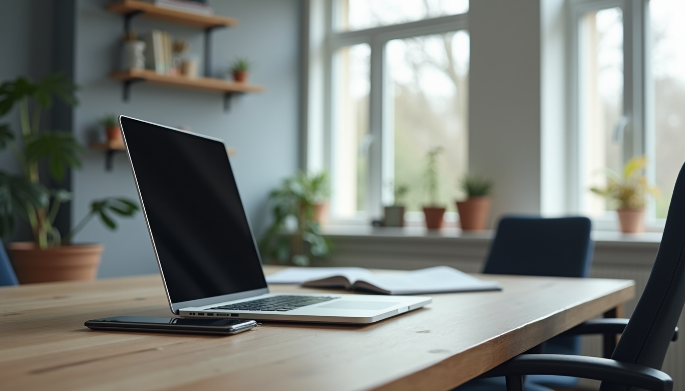 Eye-level view of a modern office workspace with a laptop and notebook