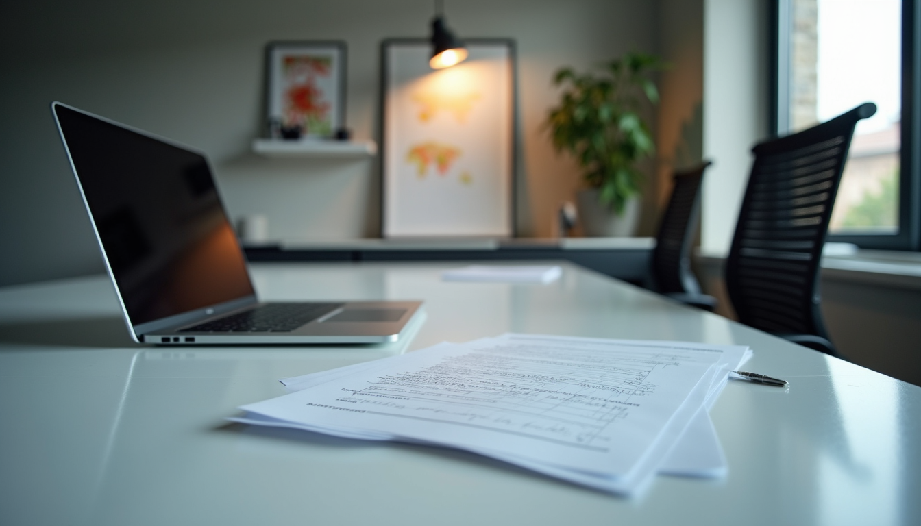 Eye-level view of a modern office desk with a laptop and tech strategy documents